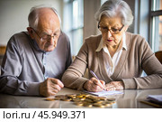 Pension. Saving money. Savings. An elderly couple calculates their savings. Financial literacy. Стоковое AI-изображение, AI-художник Photojuli / Фотобанк Лори