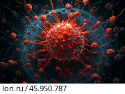 Aggressive cancer cell multiplying and spreading through the body. Стоковое AI-изображение, AI-художник Иван Рябоконь / Фотобанк Лори