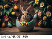A holiday banner. A cute Easter bunny is peeking out of an Easter egg, and colorful eggs are scattered around. The concept of happy Easter. Стоковое AI-изображение, AI-художник Photojuli / Фотобанк Лори