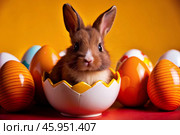 A holiday banner. A cute Easter bunny is peeking out of an Easter egg, and colorful eggs are scattered around. The concept of happy Easter. Стоковое AI-изображение, AI-художник Photojuli / Фотобанк Лори