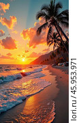 A red sunset on the paradisiacal ocean coast with tropical palm trees and waves of surf. Banner for a travel agency, burning tour, a vacation tour in hotel. AI generated. Стоковое AI-изображение, AI-художник Ольга Симонова / Фотобанк Лори