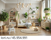 Modern interior design of a children's room with a crib, furniture, toys and personal accessories for a poster. Home decor. Pattern. Стоковое AI-изображение, AI-художник Photojuli / Фотобанк Лори
