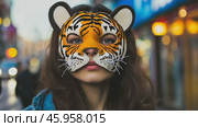 Quadrobics, quads. Teenage girl wearing a tiger cat mask. Quadrober youth subculture concept. Blog, social media, or news article. Child in an animal furry mask walking outdoors. Quadrobeast Lifestyle. Стоковое AI-видео, аниматор Марина Демидюк / Фотобанк Лори