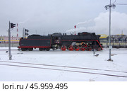 Паровоз Л-4111 производит манёвры на станции Электролитная (Уралэлектромедь), город Верхняя Пышма. Редакционное фото, фотограф Алексей Иванов / Фотобанк Лори