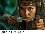 Amazon, Young female archer in jungle. Стоковое AI-изображение, AI-художник Михаил Коханчиков / Фотобанк Лори