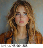 A young girl with expressive facial features. Her long, light hair, slightly disheveled, falls in loose strands, giving the image a natural and light look. Her skin is fair, decorated with freckles, which emphasizes her natural beauty. She has large expressive eyes framed by long eyelashes, and her lips are slightly plump and naturally pink. Her facial expression is calm and a little thoughtful.The girl is dressed in multi-layered clothing: a warm brown jacket over a checkered shirt and a light sweater. This combination of clothes adds a sense of coziness and emphasizes the autumn mood. The background is blurred, made in neutral gray-blue tones, which allows you to focus on the girl herself. The whole composition is depicted with an artistic bias, as if it were a portrait painted with a brush. Стоковое AI-изображение, AI-художник Анна Кривицкая / Фотобанк Лори