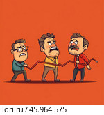 A funny cartoon of three men in business attire trying to hold up a falling graph. Each man looks worried or scared, their emotions emphasized by grotesque stylization. The man on the left with glasses, wearing a green shirt and tie, holds the graph by one of the lines. The central man, in a yellow shirt and with an expression of extreme panic, pulls the graph up. The man on the right, in a red shirt and a moustache, holds the end of the line, but looks worried, as if the graph is pulling him down. The background is completely orange, which creates a sense of tension and energy. The overall atmosphere of the scene conveys a comical view of a crisis or difficulty in business. Стоковое AI-изображение, AI-художник Анна Кривицкая / Фотобанк Лори