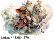 A majestic rider in rich clothes, riding a white horse. This man is a gray-haired sage or mythical hero with a long white beard, dressed in a colorful cloak with an ornament, metal armor and a hat with a feather. His appearance is majestic and respectful. In one hand he holds a rod or staff, a symbol of power or magical strength.The snow-white horse with a powerful build, decorated with a bridle and saddle, looks ready to move. The background of the painting is filled with fantastic elements: swirling clouds, mystical symbols such as a crescent moon, crosses and images of mythical creatures give the scene a fairy-tale and magical atmosphere.The painting is done in an illustration style with watercolor elements, soft color transitions and detailed elements. The visual effect is enhanced by the richness of colors and the complexity of the composition. Стоковое AI-изображение, AI-художник Анна Кривицкая / Фотобанк Лори