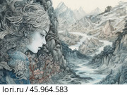 A fantasy scene combining a portrait of a woman and a breathtaking mountain landscape. The woman's face occupies the left side of the painting, depicted in profile with a poetic and thoughtful expression. Her skin has a bluish tint, emphasizing her connection with nature and the elements. The woman's hair resembles twisting branches and vines, intertwined with plant patterns and small flowers. The details of her hairstyle are executed with exquisite precision, giving her the appearance of a nature spirit or goddess.The background is a vast mountain landscape with many details. The mountain peaks and valleys are drawn in soft gray-blue tones, creating depth and volume. A river meanders through the scene, adding dynamism and directing the viewer's gaze into the distance. Subtle accents of trees and bushes are noticeable throughout the painting, executed in the style of traditional oriental landscape painting.The palette of the work is restrained, built on shades of blue, gray and white, which creates a feeling of peace, silence and eternity. The composition masterfully unites the image of a woman and nature, emphasizing their harmony and unity. Стоковое AI-изображение, AI-художник Анна Кривицкая / Фотобанк Лори