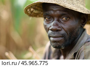 Portrait of african farmer wearing straw hat in field. Стоковое AI-изображение, AI-художник Иван Рябоконь / Фотобанк Лори