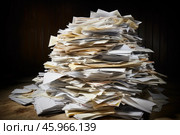 Stack of documents creating administrative burden in dark office. Стоковое AI-изображение, AI-художник Иван Рябоконь / Фотобанк Лори