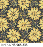Vector illustration with golden gradient flowers grunge gray seamless pattern. Floral organic background. For textiles, wallpaper and packaging. Стоковая иллюстрация, иллюстратор Ольга Дроздова / Фотобанк Лори