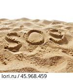 Sos message written on sand sending a signal for urgent help. Стоковое AI-изображение, AI-художник Иван Рябоконь / Фотобанк Лори