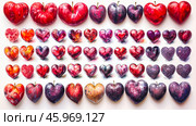 A delightful assortment of hearts, showcasing numerous shapes and sizes in vivid colors. This artistic collection exudes joy, inviting admiration and inspiration. Heart shaped fruits and berries. Valentine card. Стоковое AI-изображение, AI-художник Юлия Ильина / Фотобанк Лори