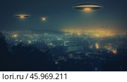 Unidentified flying objects hover over a city buildings skyline at night. Стоковое AI-изображение, AI-художник Михаил Коханчиков / Фотобанк Лори