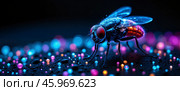 A fly is standing on a surface with many small, colorful beads. Стоковое AI-изображение, AI-художник Виктория Кольцова / Фотобанк Лори
