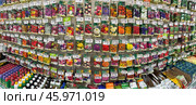Panoramic view of packages of garden flower seeds with price tags in Russian in supermarket. Flower seedling growing season. Editorial use. 17 January, 2025, Angarsk, Russia. Редакционное фото, фотограф Виктория Катьянова / Фотобанк Лори