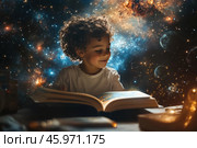 Маленький мальчик, держащий книгу, с кружащимся разноцветным светом и планетой вдалеке, символизирующей воображение и творческий подход к чтению. Стоковое AI-изображение, AI-художник Ярославский Максим / Фотобанк Лори