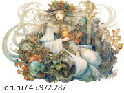 A fantasy-style girl surrounded by rich ornamentation and elements of nature. Her long, fair hair flows as if a light wind is blowing it, and intertwines with branches and leaves. The girl is dressed in an exquisite white and blue dress with gold decorations, emphasizing her sophistication. In her hands, she holds a golden ball, symbolizing, perhaps, some magical artifact or the sun. Around her are ornate elements: leaves, vines, flowers and glass spheres, giving the image an abundance of detail and depth. The atmosphere of the painting is filled with peace and fairy-tale magic. The background is done in light colors, creating an airy and light feeling. Стоковое AI-изображение, AI-художник Анна Кривицкая / Фотобанк Лори