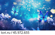 Beautiful bright summer spring background for bloggers or advertising with flying butterflies and fragrant flowers. Стоковое AI-видео, аниматор ALLA YURTAYEVA / Фотобанк Лори