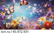 Beautiful bright summer spring background for bloggers or advertising with flying butterflies and fragrant flowers. Стоковое AI-видео, аниматор ALLA YURTAYEVA / Фотобанк Лори