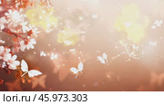 Beautiful bright summer spring background for bloggers or advertising with flying butterflies and fragrant flowers. Стоковое AI-видео, аниматор ALLA YURTAYEVA / Фотобанк Лори