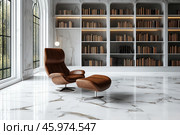A modern library interior with an elegant design. The main attention is drawn to the tall shelves with books, which are neatly arranged in a symmetrical order. The walls are made in a marble texture, which gives the room luxury and sophistication. In the foreground is a stylish leather chaise lounge with a footrest, perfect for comfortable reading. Large arched windows with black frames let in natural light, creating a cozy atmosphere. The floor is made of white marble with golden veins, reflecting the sophistication of the interior. Стоковое AI-изображение, AI-художник Анна Кривицкая / Фотобанк Лори
