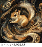 A squirrel sitting in the center of a fantasy vortex reminiscent of galactic spirals. The background is done in dark, deep tones, mixed with bright golden and light strokes, which creates the impression of a starry sky. The squirrel looks fluffy, with a large bushy tail and shiny eyes, which gives it a cute and magical look. The vortex around it enhances the feeling of dynamics and magic, as if the squirrel is at the epicenter of cosmic energy. Стоковое AI-изображение, AI-художник Анна Кривицкая / Фотобанк Лори