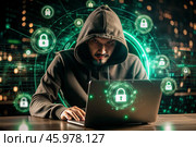 The hacker is working on a laptop, digital codes on a virtual background. Hacking and protecting online data. Digital technologies, software development. Стоковое AI-изображение, AI-художник Photojuli / Фотобанк Лори