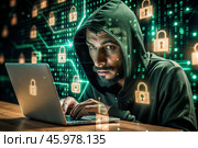 The hacker is working on a laptop, digital codes on a virtual background. Hacking and protecting online data. Digital technologies, software development. Стоковое AI-изображение, AI-художник Photojuli / Фотобанк Лори