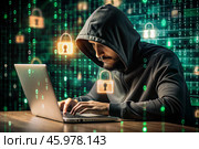 The hacker is working on a laptop, digital codes on a virtual background. Hacking and protecting online data. Digital technologies, software development. Стоковое AI-изображение, AI-художник Photojuli / Фотобанк Лори