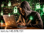 The hacker is working on a laptop, digital codes on a virtual background. Hacking and protecting online data. Digital technologies, software development. Стоковое AI-изображение, AI-художник Photojuli / Фотобанк Лори