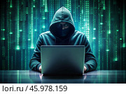 The hacker is working on a laptop, digital codes on a virtual background. Hacking and protecting online data. Digital technologies, software development. Стоковое AI-изображение, AI-художник Photojuli / Фотобанк Лори