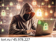 The hacker is working on a laptop, digital codes on a virtual background. Hacking and protecting online data. Digital technologies, software development. Стоковое AI-изображение, AI-художник Photojuli / Фотобанк Лори