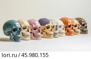 Colorful skulls with exposed brain representing diversity and inclusion. Стоковое AI-изображение, AI-художник Юрий Поздников / Фотобанк Лори