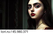 Woman with bold red lipstick and mischievous smirk glances sideways in dramatic lighting against a dark background. Стоковое AI-изображение, AI-художник 123 12 / Фотобанк Лори