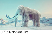 Woolly mammoth standing in snowy landscape during ice age. Стоковое AI-изображение, AI-художник Юрий Поздников / Фотобанк Лори