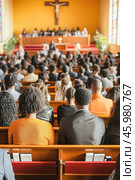 Congregation attending sunday mass in church. Стоковое AI-изображение, AI-художник Юрий Поздников / Фотобанк Лори
