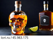 Bottles with alcohol and lime near skull , concept of the harm of alcohol. Стоковое AI-изображение, AI-художник Наталья Симакова / Фотобанк Лори