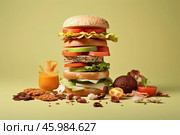 Deconstructed giant hamburger floating ingredients on light green background. Стоковое AI-изображение, AI-художник Иван Рябоконь / Фотобанк Лори