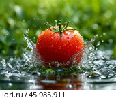 Bright juicy tomato in splashes of water on green background. Стоковое AI-изображение, AI-художник Сергей Елизарьев / Фотобанк Лори