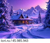 Sunrise in the mountains, early winter morning. Winter landscape. Стоковое AI-изображение, AI-художник Сергей Елизарьев / Фотобанк Лори
