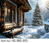 Relaxing on a winter day in a village house. Winter landscape. Стоковое AI-изображение, AI-художник Сергей Елизарьев / Фотобанк Лори