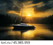 Yacht against the rising sun. River landscape. Стоковое AI-изображение, AI-художник Сергей Елизарьев / Фотобанк Лори