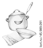 Saucepan with stirrer and plate on Cotton or linen towel with ornament. Kitchen textiles are hand-drawn with pencil, used for designing recipes and menus. Стоковая иллюстрация, иллюстратор Екатерина Тимонова / Фотобанк Лори