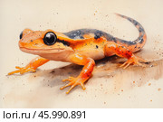 A watercolor illustration of a colorful salamander or newt. This is a small amphibian with expressive large eyes and a brightly colored body. The main colors are orange, yellow and black, creating contrasting spots and patterns. The animal is depicted on a neutral background with a watercolor splash effect, which adds artistry and liveliness to the image. The legs are extended forward, the tail is curved back, creating a dynamic pose. The scene conveys a sense of natural harmony and the beauty of the wild. Стоковое AI-изображение, AI-художник Анна Кривицкая / Фотобанк Лори