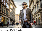 Disability. Loss of vision. A blind man with a cane and dark glasses is walking along a city street. International Day of the Blind on November 13. Стоковое AI-изображение, AI-художник Photojuli / Фотобанк Лори