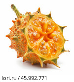 Ripe kiwano fruit cut open revealing orange flesh and seeds. Стоковое AI-изображение, AI-художник Иван Рябоконь / Фотобанк Лори