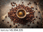 Cafes and restaurants.Mug with invigorating black coffee and natural coffee beans on a brown background, top view. Place for the label. The concept of hot drinks. Стоковое AI-изображение, AI-художник Photojuli / Фотобанк Лори
