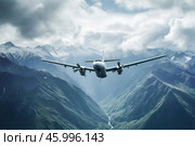 Turboprop airplane flying over mountains on cloudy day. Стоковое AI-изображение, AI-художник Иван Рябоконь / Фотобанк Лори
